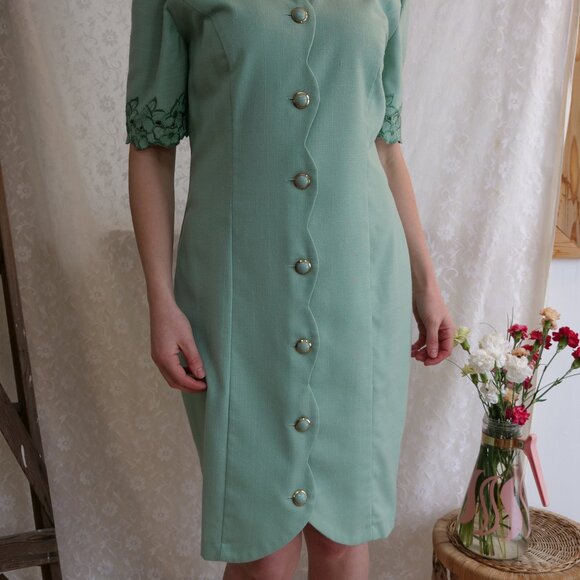 Vintage 1980s Mint Sage Green Linen Dress Button Front Retro 80s Thrift Dresses - Picture 2 of 12